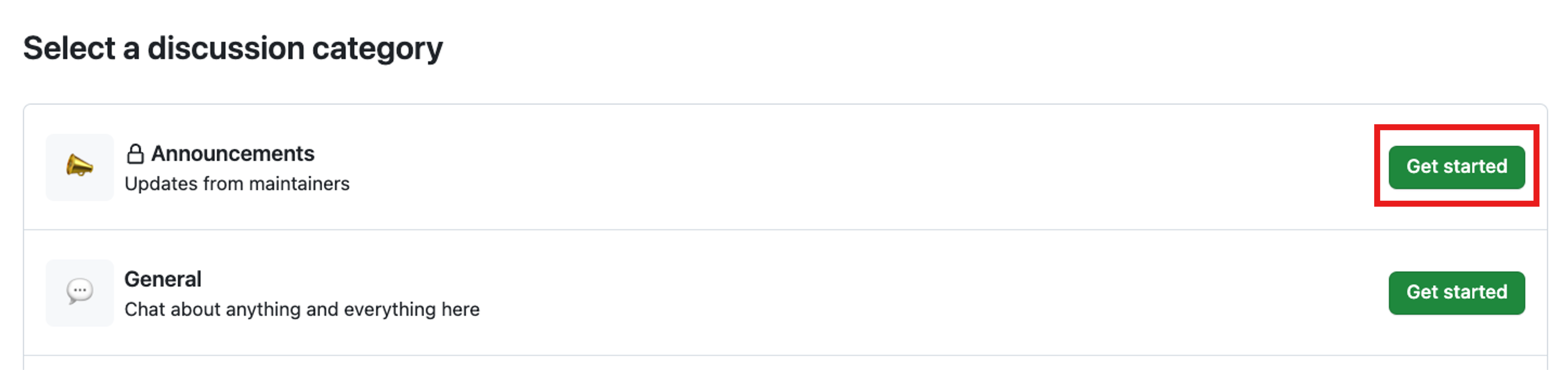 Screenshot dell'opzione selezionata dal menu di selezione di una categoria di discussione, con la prima opzione Announcements e il pulsante Get started evidenziati.