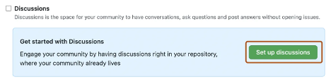 Screenshot della casella Discussions con il pulsante verde Setup discussions evidenziato.
