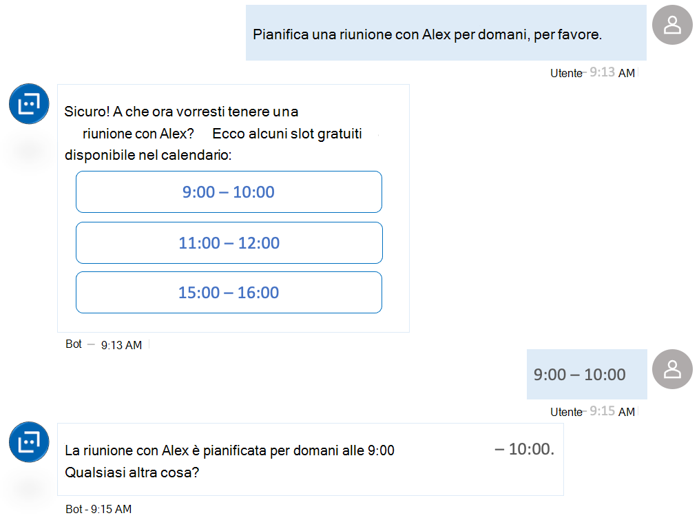 Screenshot che mostra un chatbot che usa l'API calendario di Microsoft Graph Outlook come soluzione per la produttività.