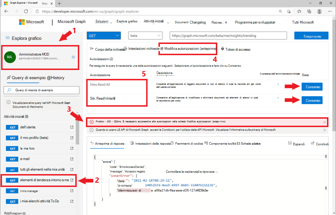 Screenshot che mostra come testare le query con il proprio account in Graph Explorer.