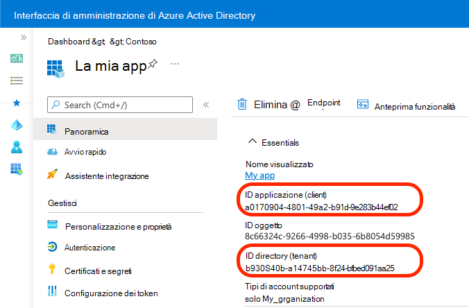 Screenshot che mostra come copiare gli ID applicazione e directory.