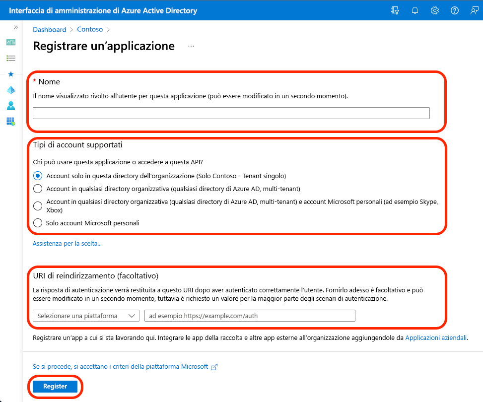 Screenshot che mostra le selezioni per la registrazione di un'app in Microsoft Entra ID.