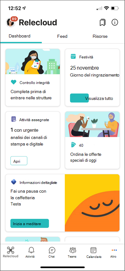 Screenshot di Viva Connections'esperienza per dispositivi mobili.