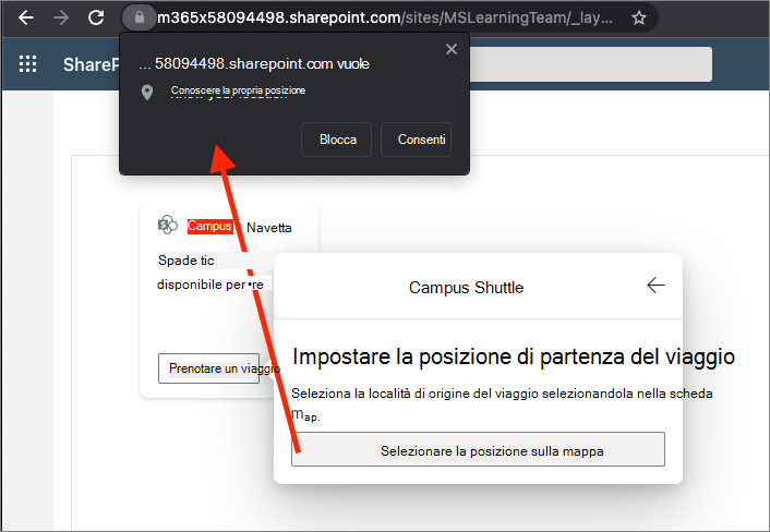 Screenshot della richiesta del browser per concedere l'accesso alla posizione.