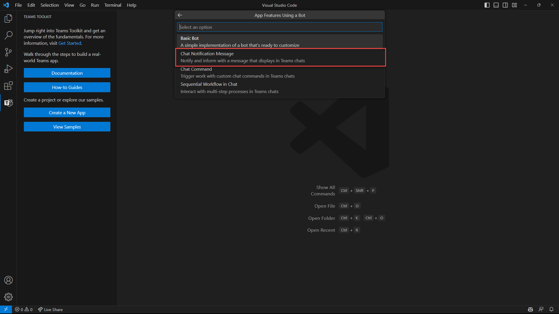 Screenshot di Visual Studio Code che mostra le funzionalità dell'app usando un menu Bot per Teams Toolkit e la funzionalità Messaggio di notifica chat.