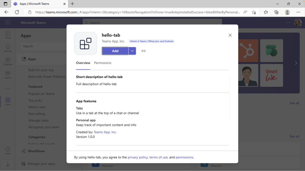 Screenshot che mostra l'aggiunta di un'app in Microsoft Teams.