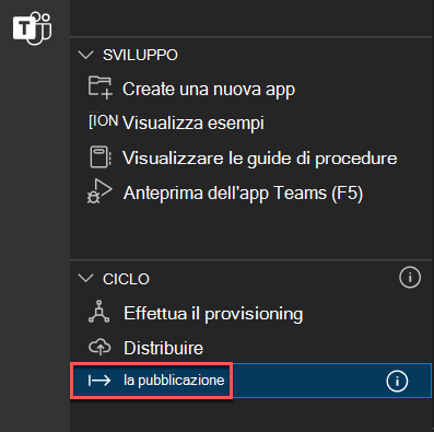 Screenshot del pannello Teams Toolkit aperto e l'opzione Pubblica in Teams evidenziata.