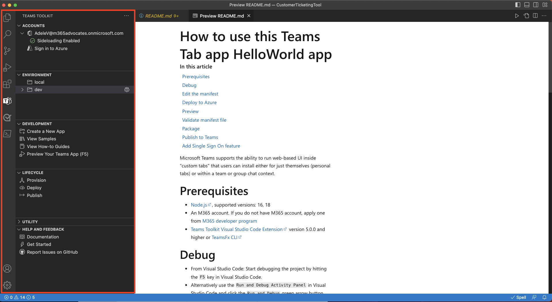 Screenshot che mostra l'estensione Teams Toolkit aperta in Visual Studio Code.