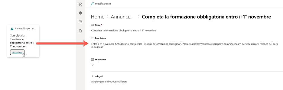 Freccia rossa che punta dall'estensione scheda adattiva alla voce dell'elenco annunci visualizzata in un Web browser.