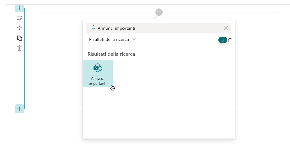 L'estensione scheda adattiva Annunci importanti evidenziata nella casella degli strumenti di SharePoint Workbench.