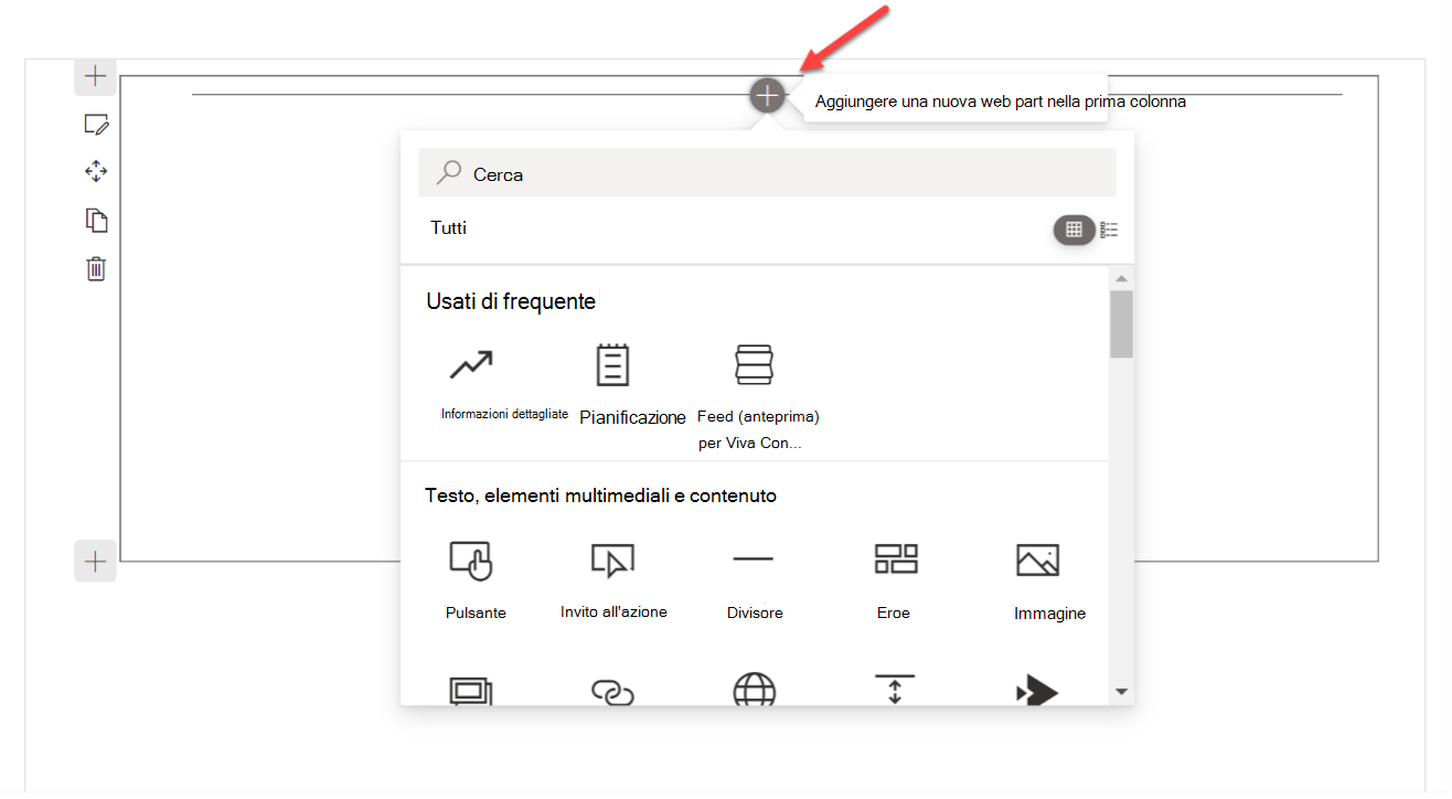 Freccia rossa che punta al pulsante + con la casella degli strumenti della web part aperta in SharePoint Workbench.