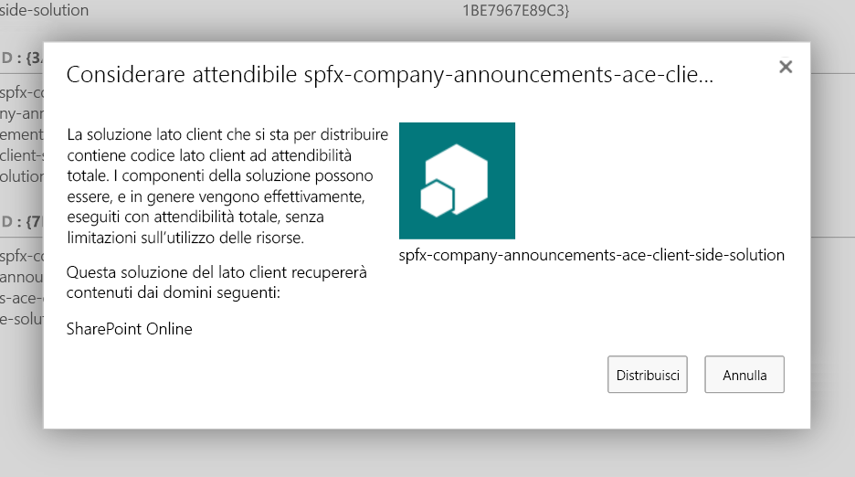 Richiesta da parte del catalogo app di SharePoint di confermare la distribuzione del pacchetto della soluzione caricato.