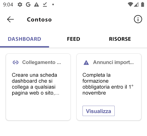 dashboard visualizzato nell'app Viva Connections per dispositivi mobili.