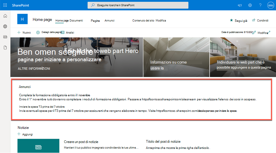 Screenshot che mostra una web part personalizzata con annunci aziendali evidenziati in una pagina di SharePoint.