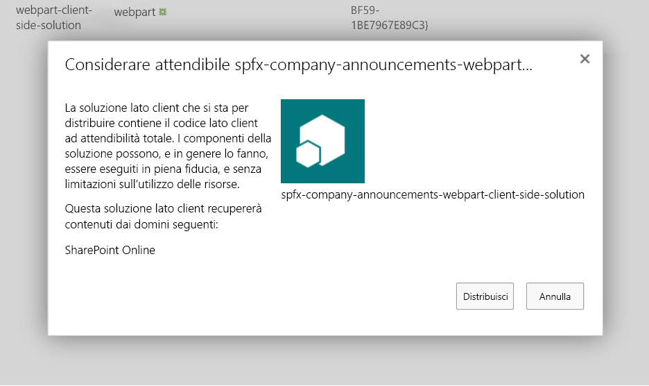 Screenshot della richiesta da parte del catalogo app di SharePoint di confermare la distribuzione del pacchetto della soluzione caricato.