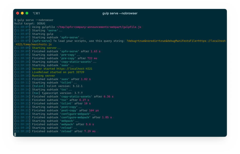 Screenshot di una finestra terminale con l'output del comando gulp serve.