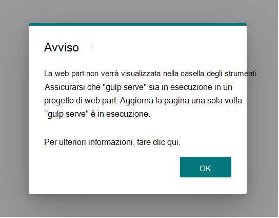 Screenshot di SharePoint Workbench che mostra un messaggio di avviso sull'impossibilità di caricare il manifesto locale.