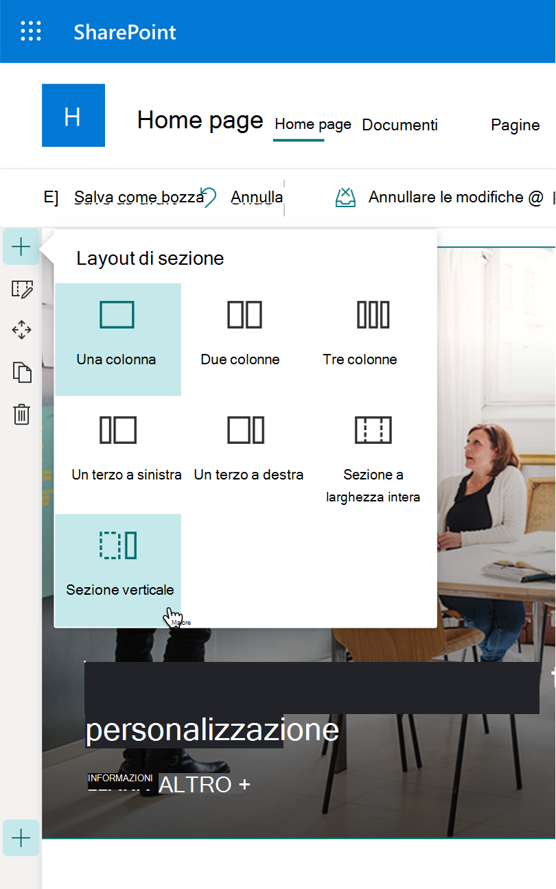 Screenshot che mostra il pulsante per aggiungere una sezione verticale nelle opzioni del layout della sezione.