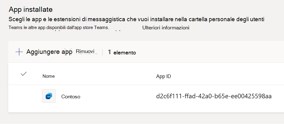 Screenshot che mostra l'app Viva Connections elencata nella panoramica delle app di Microsoft Teams installate.