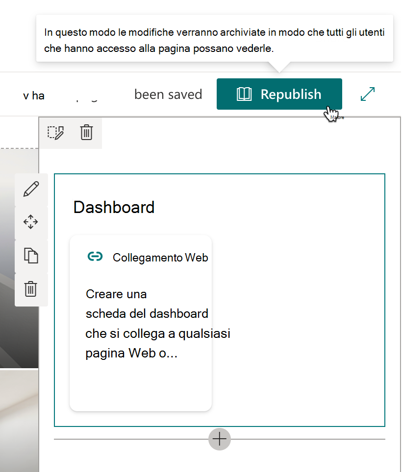 Screenshot che mostra il pulsante Ripubblica nella barra degli strumenti della pagina.