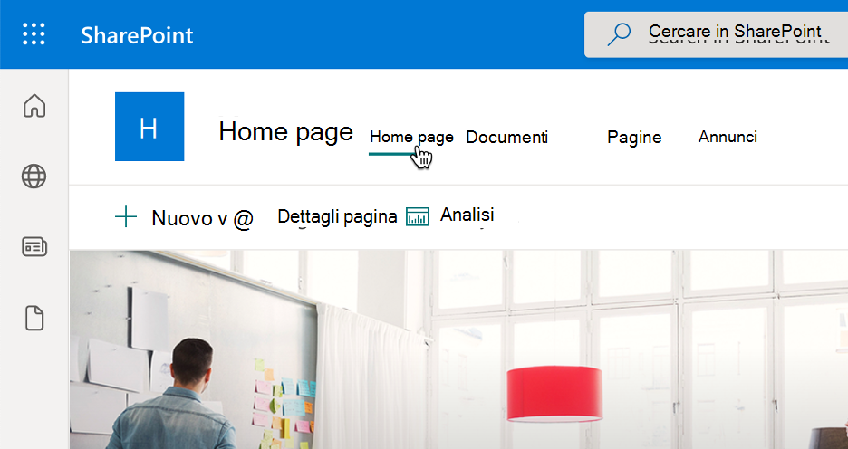 Screenshot che mostra il collegamento Home nella struttura di spostamento del sito di SharePoint.