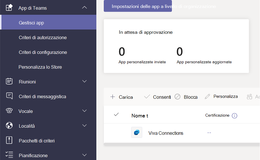 Screenshot dell'app Viva Connections nella schermata dell'interfaccia di amministrazione di Teams per la gestione delle app.