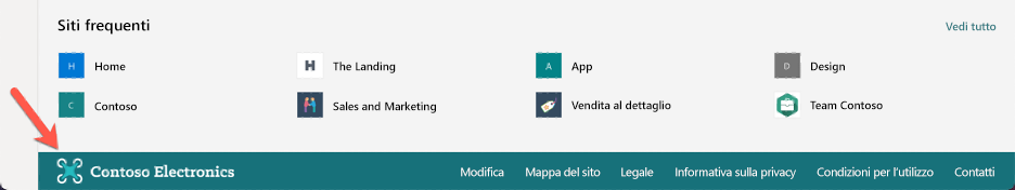 Screenshot di un piè di pagina del sito creato tramite un personalizzatore di applicazioni.