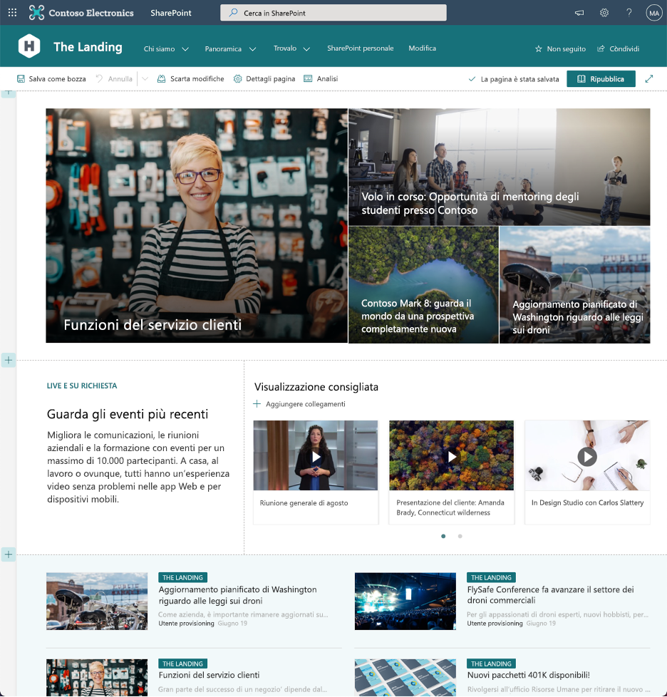 Screenshot di una pagina moderna di SharePoint in modalità di modifica che mostra diverse sezioni e web part