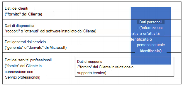 L'infografica per mostrare i dati personali è disponibile nei dati dei clienti, i dati di diagnostica, i dati generati dal servizio, i dati dei servizi professionali e i dati di supporto.