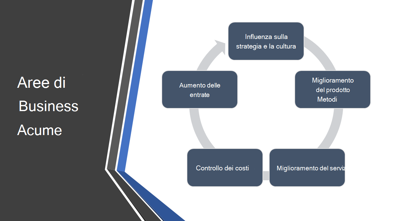 diapositiva che mostra le aree dell'acume aziendale. Ha un diagramma circolare con argomenti che si vanno dalla strategia di influenza e dalla cultura ai metodi di miglioramento del prodotto, dal miglioramento del servizio, al controllo dei costi e dall'aumento dei ricavi.