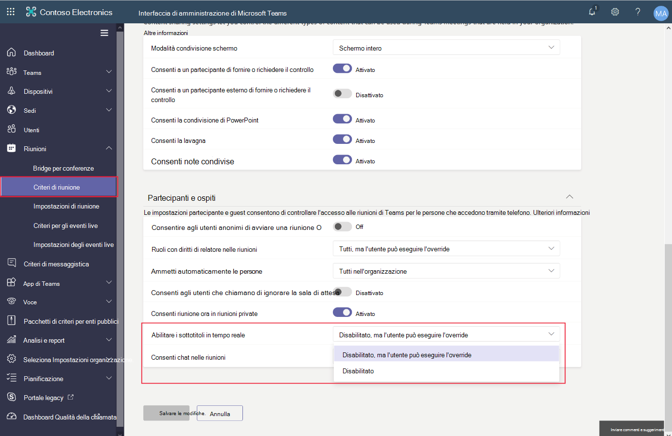 Screenshot che mostra i criteri riunione dell'interfaccia di amministrazione di Microsoft Teams.