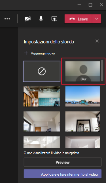 Screenshot che mostra il menu di Teams con lo sfondo sfocato selezionato.