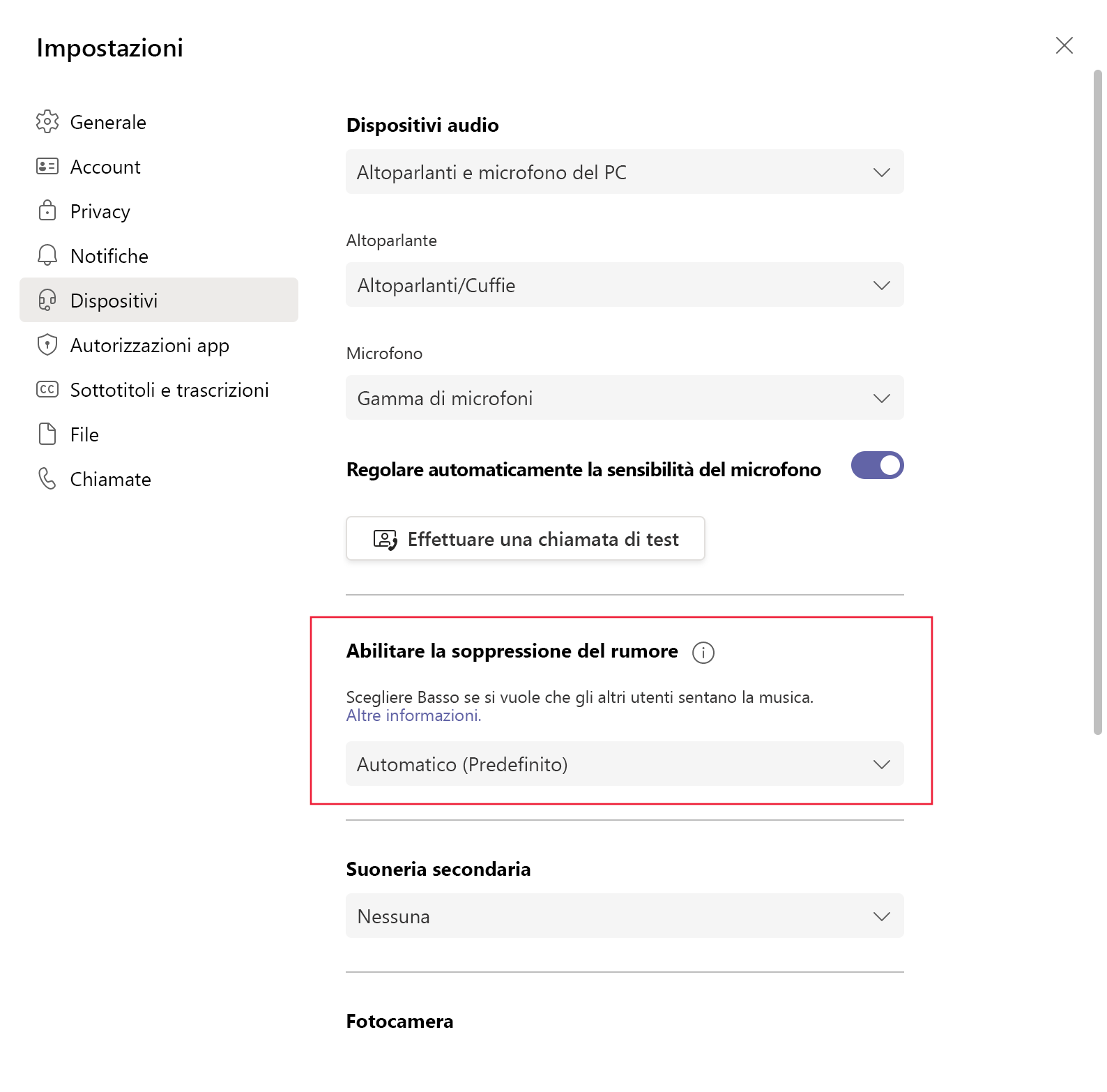 Screenshot che mostra l'impostazione di soppressione del rumore in Teams.
