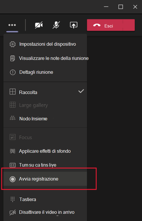 Screenshot che mostra il menu della riunione di Microsoft Teams con l'opzione Avvia registrazione evidenziata.