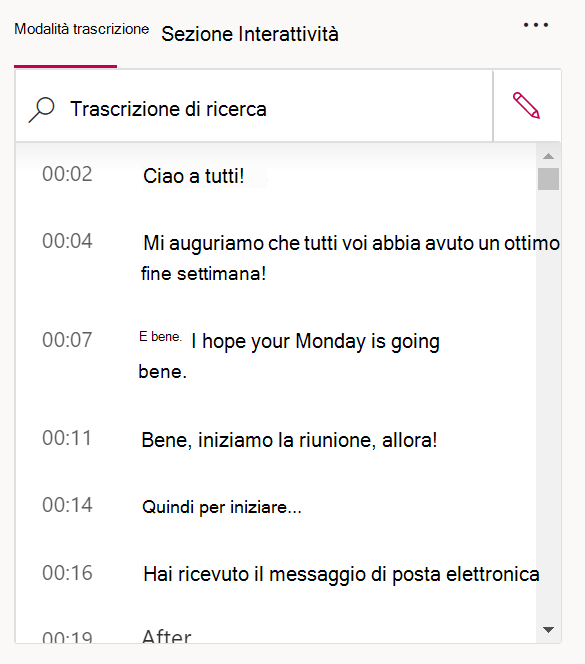 Screenshot che mostra una trascrizione.