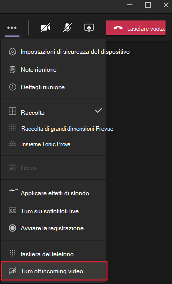 Screenshot che mostra il menu di Teams in cui è possibile disattivare i video in arrivo.