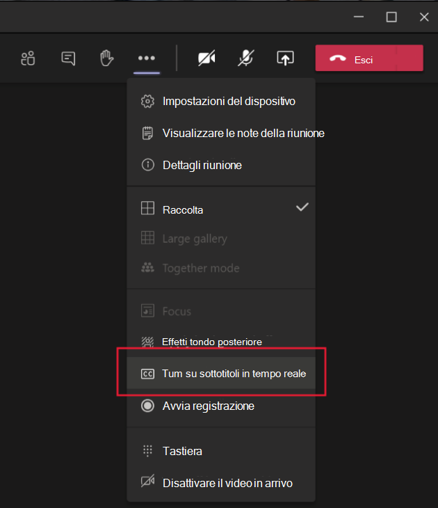 Screenshot che mostra il menu dei messaggi Teams con l'opzione di attivazione dei sottotitoli in tempo reale evidenziata.
