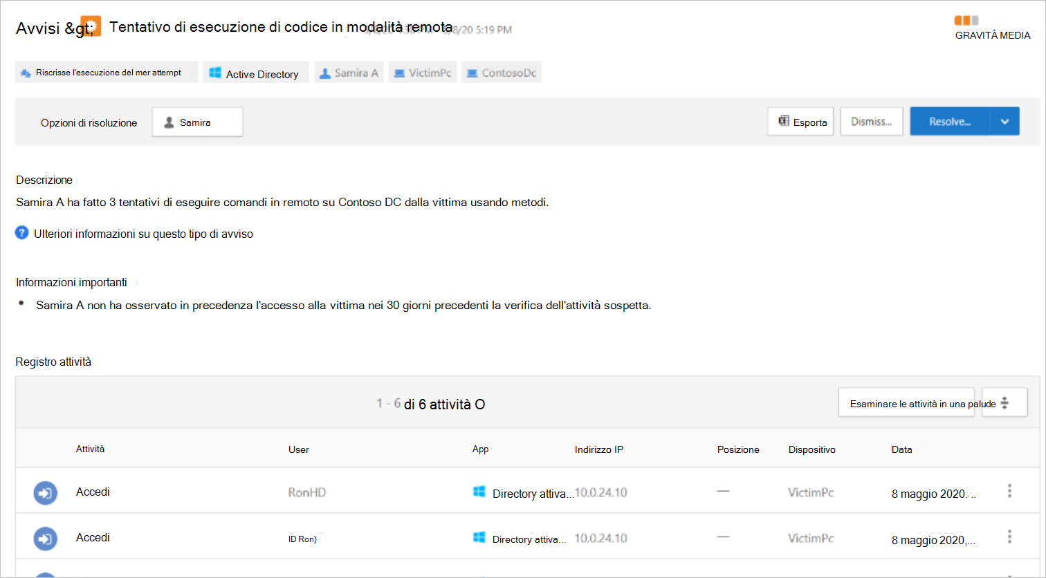 Avviso che mostra un tentativo di esecuzione di codice remoto.