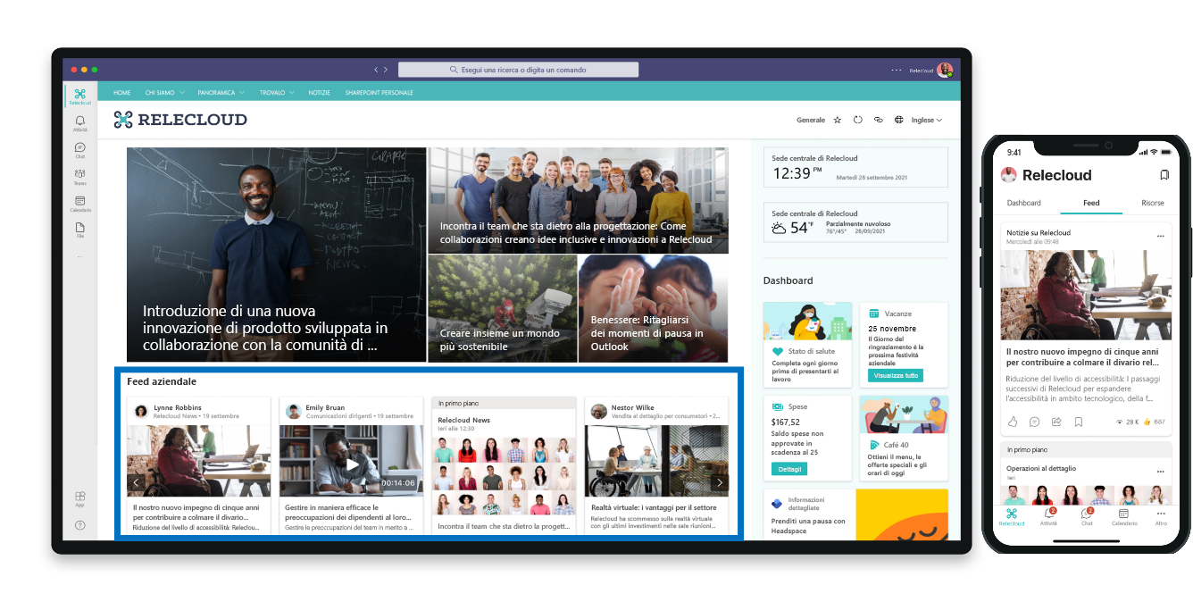 Screenshot di Feed sia sul desktop che sul telefono cellulare.