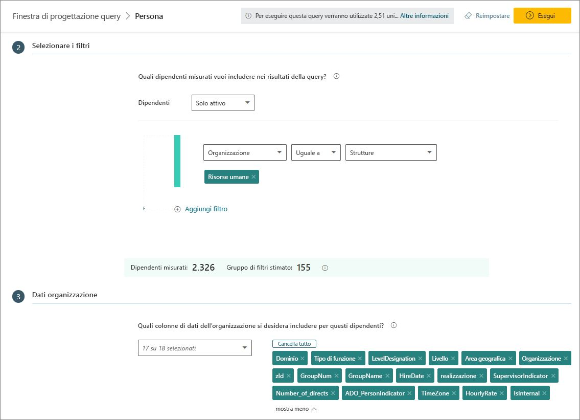 Selezionare filtri e dati dell'organizzazione.