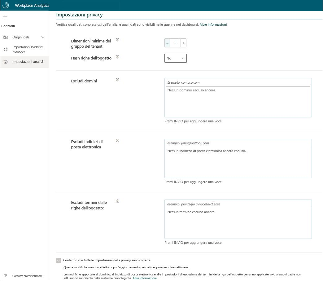 Screenshot delle impostazioni di privacy per Workplace Analytics.