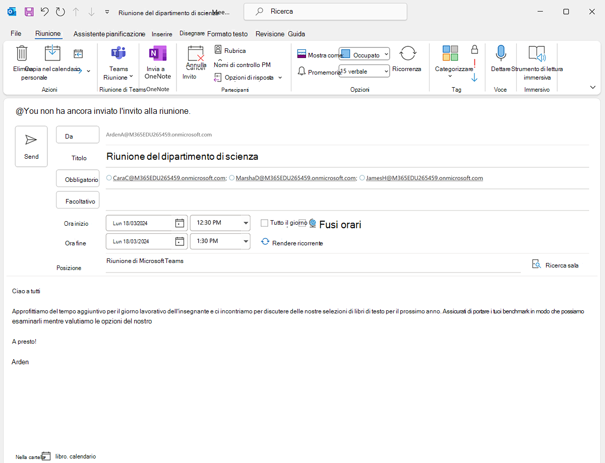 Screenshot dell'utilità di pianificazione delle riunioni di Teams in Microsoft Outlook.