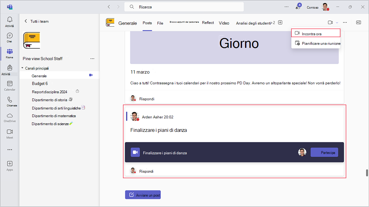 Screenshot che mostra l'opzione Riunione immediata in un canale di Teams e il post che invita i membri del canale a partecipare alla riunione.