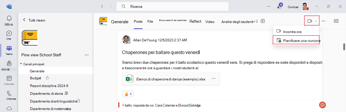 Screenshot che mostra come pianificare una riunione dal canale di un team in Microsoft Teams.