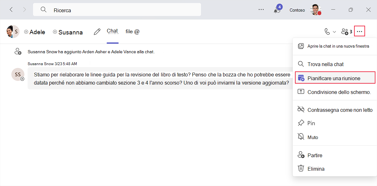 Screenshot che mostra l'opzione per pianificare una riunione con tutti i partecipanti a una chat in Microsoft Teams.