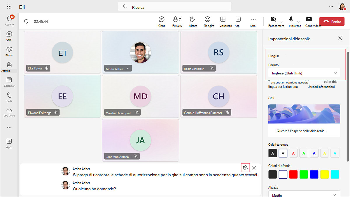 Screenshot che mostra come modificare la lingua parlata per i sottotitoli live in una riunione di Teams.