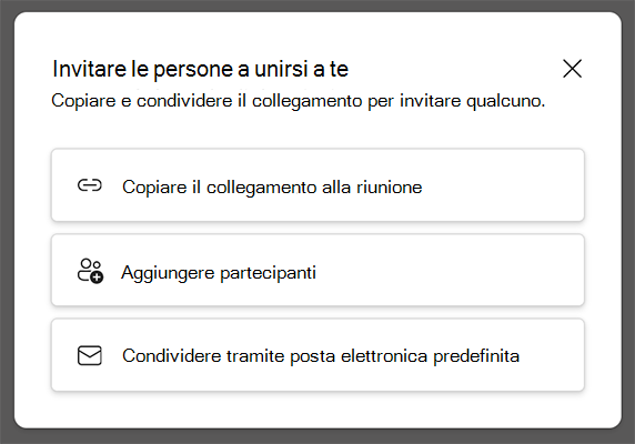 Screenshot dei modi per invitare i partecipanti a una riunione di Teams avviata con Meet now.