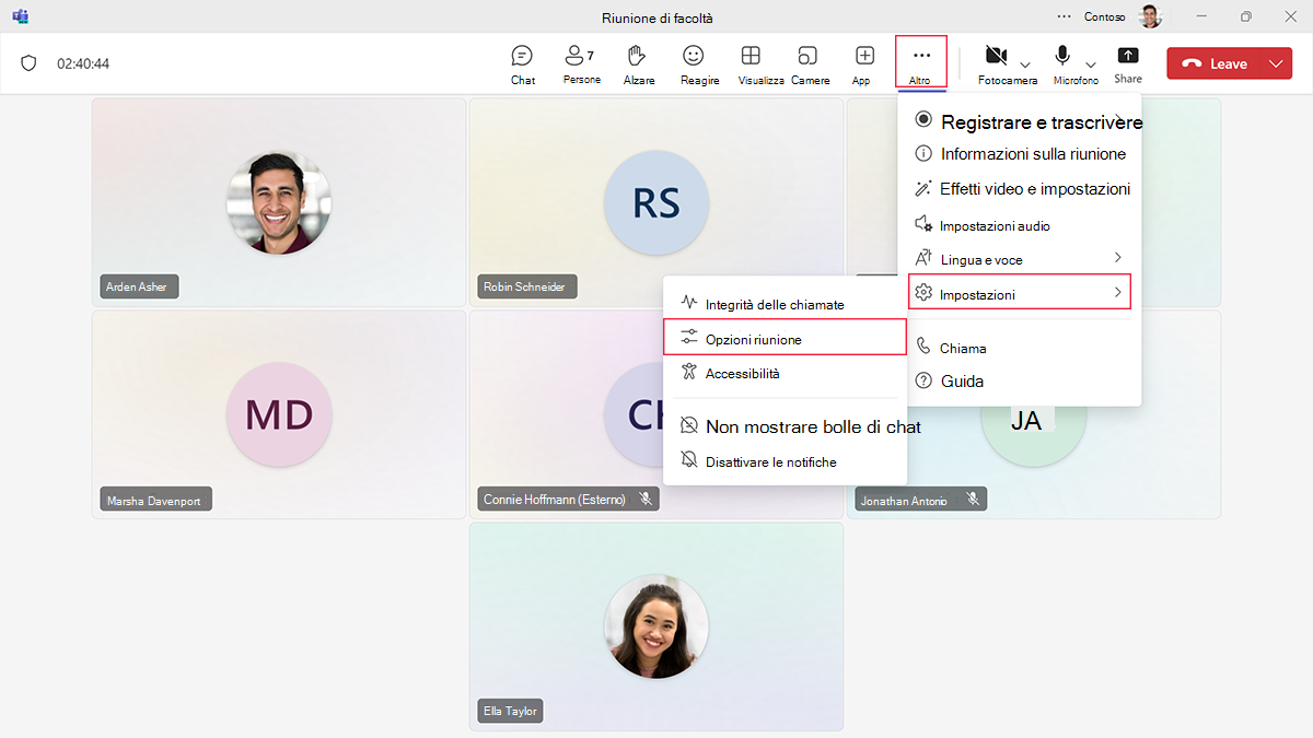 Screenshot che mostra dove trovare le opzioni di riunione durante una chiamata a Microsoft Teams.