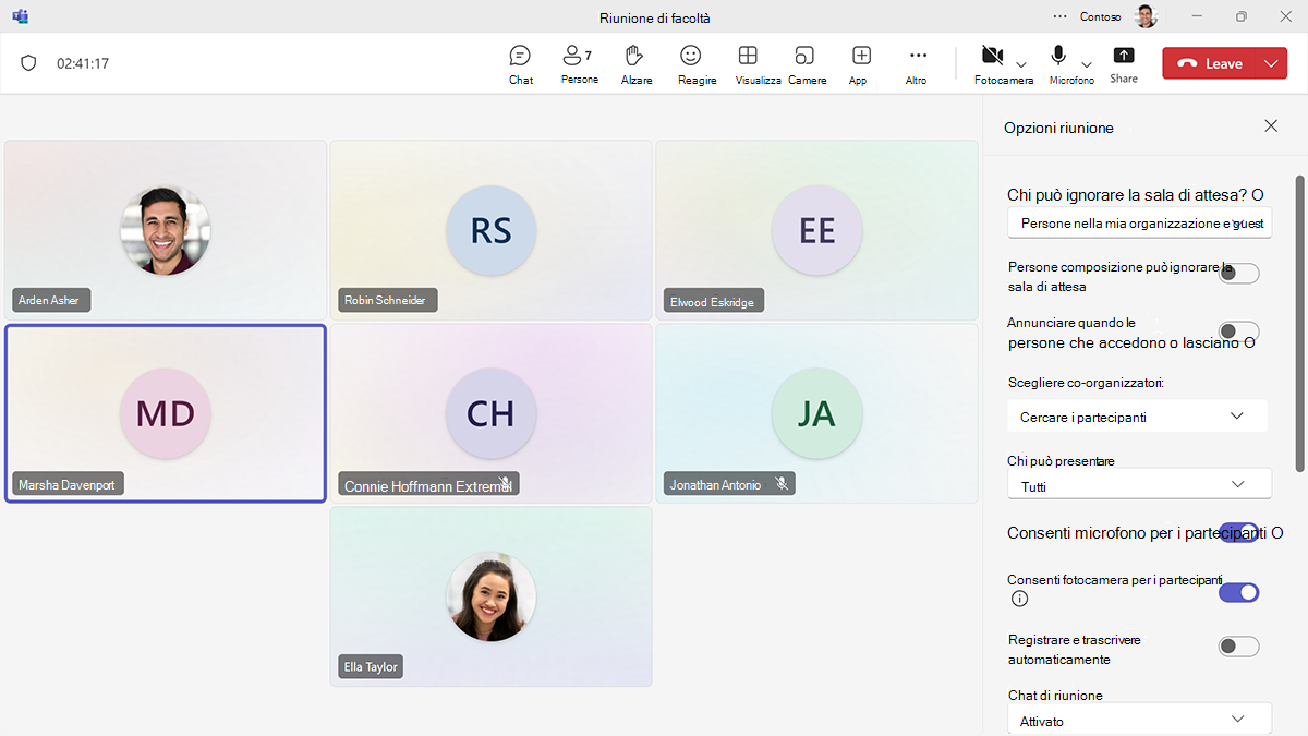 Screenshot che mostra le opzioni per la gestione dei partecipanti in una riunione di Teams.