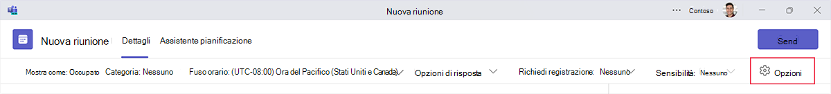 Screenshot del pulsante Opzioni durante la pianificazione di una nuova riunione in Teams.